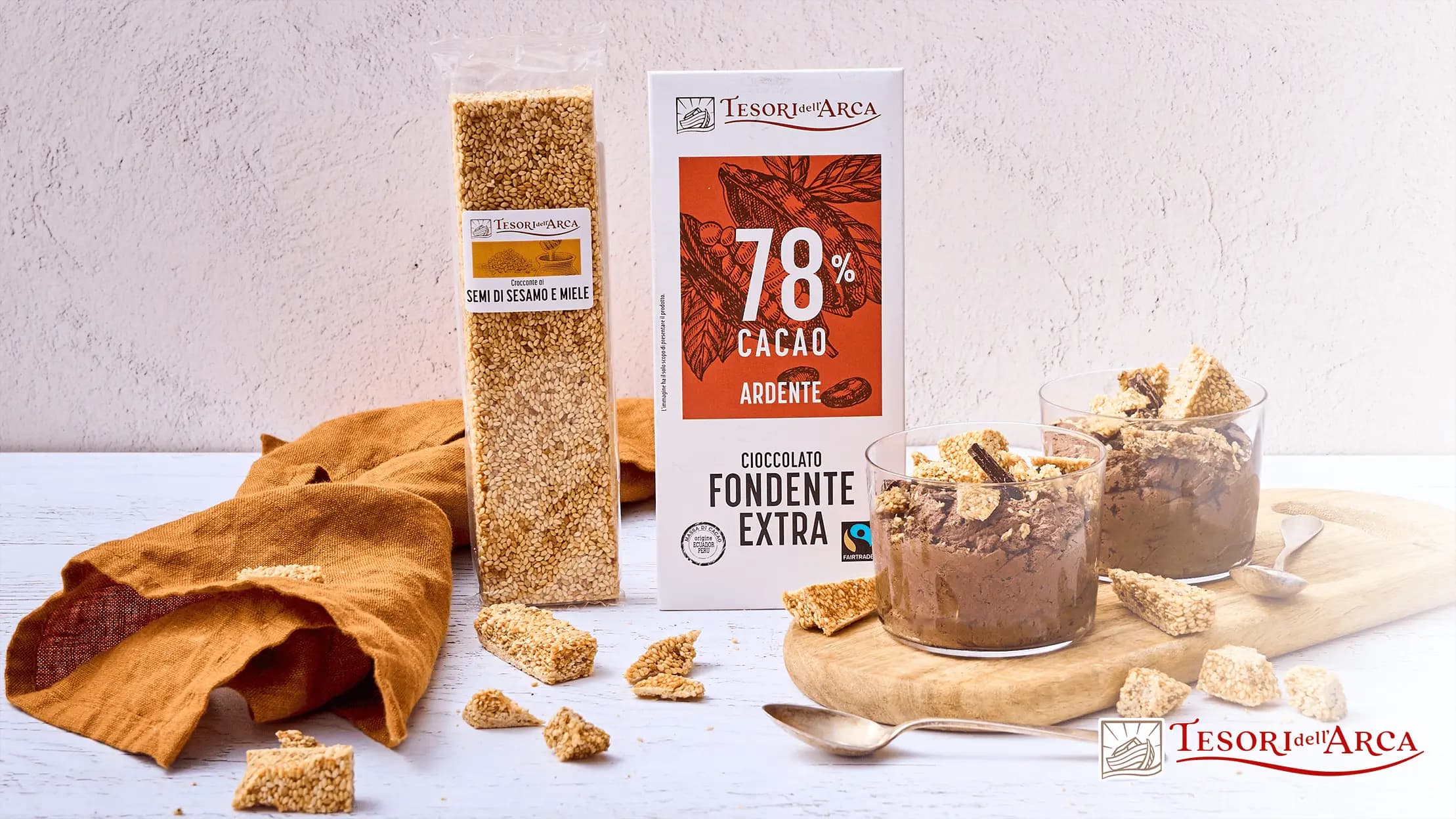 Mousse al cioccolato fondente 78% e croccante sesamo e miele
