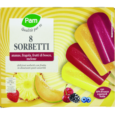 PAM PANORAMA Sorbetti Frutta Frutti di bosco Ananas Fragola Melone 8 x 70 g