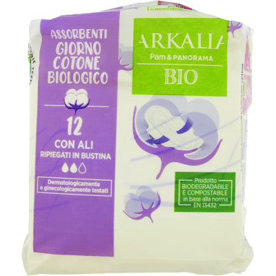 ARKALIA BIO Assorbenti Giorno Cotone Biologico con Ali Ripiegati in Bustina 12 pz