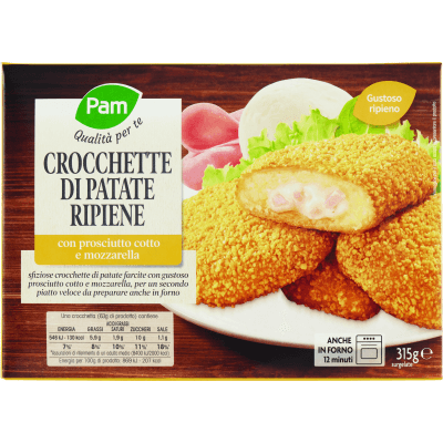 PAM PANORAMA Crocchette di Patate Ripiene con mozzarella e prosciutto cotto surgelate 315g (63g x 5)