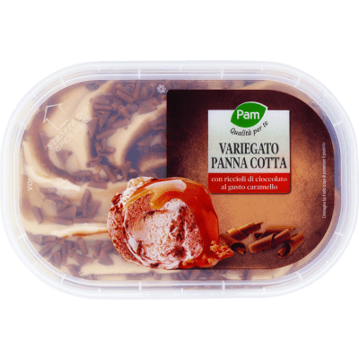 PAM Qualità per te Variegato Panna Cotta con riccioli di cioccolato al gusto caramello 500 g