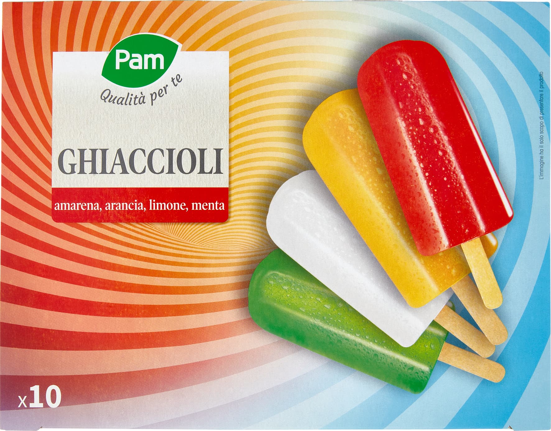PAM Qualità per te Ghiaccioli amarena, arancia, limone, menta 10 x 70 g Ghiacciolo all'amarena: Ghiacciolo all'arancia: Ghiacciolo al limone: Ghiacciolo al gusto menta: – immagine 2