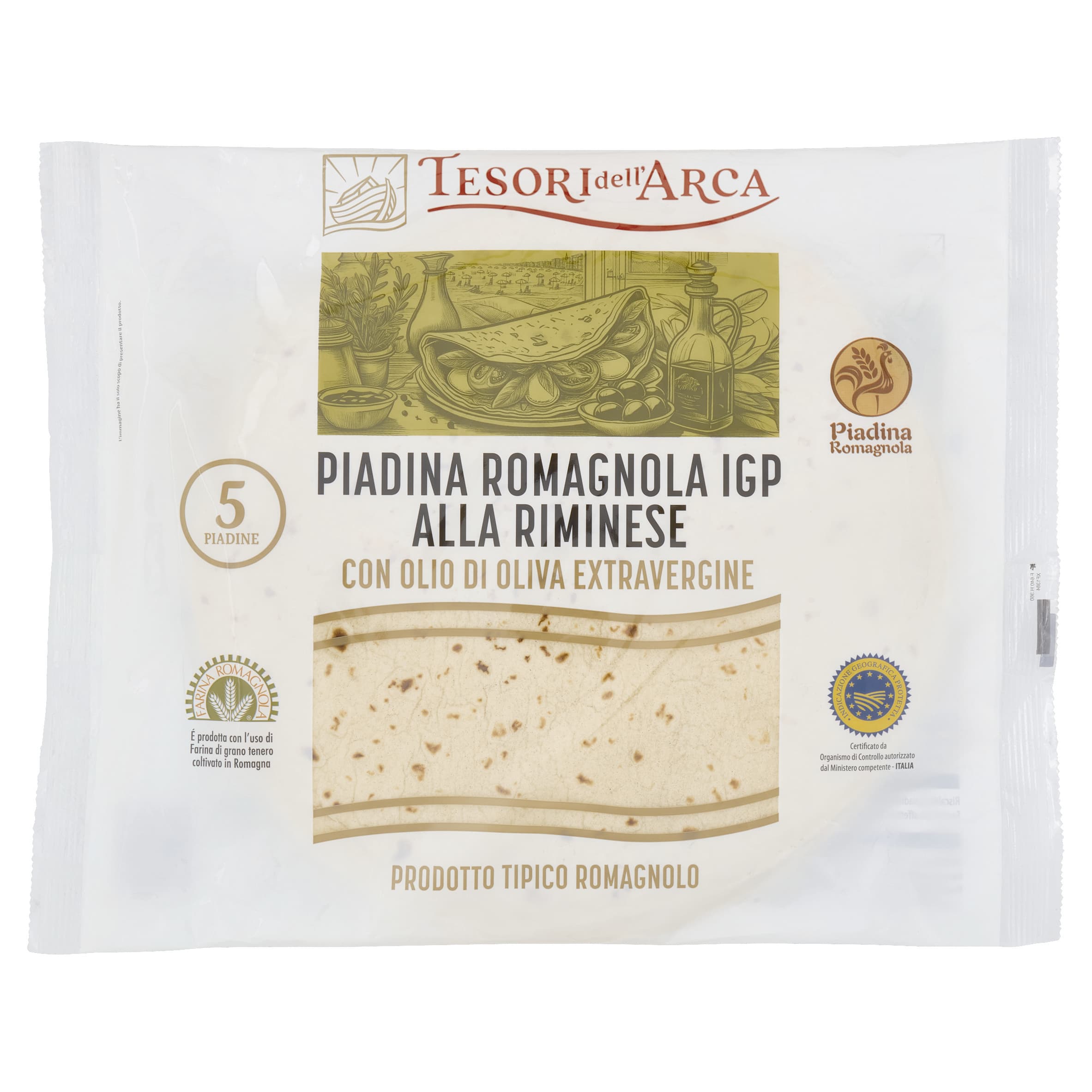 TESORI DELL'ARCA Piadina Romagnola IGP alla Riminese con Olio di Oliva Extravergine 5 x 120 g – immagine 2