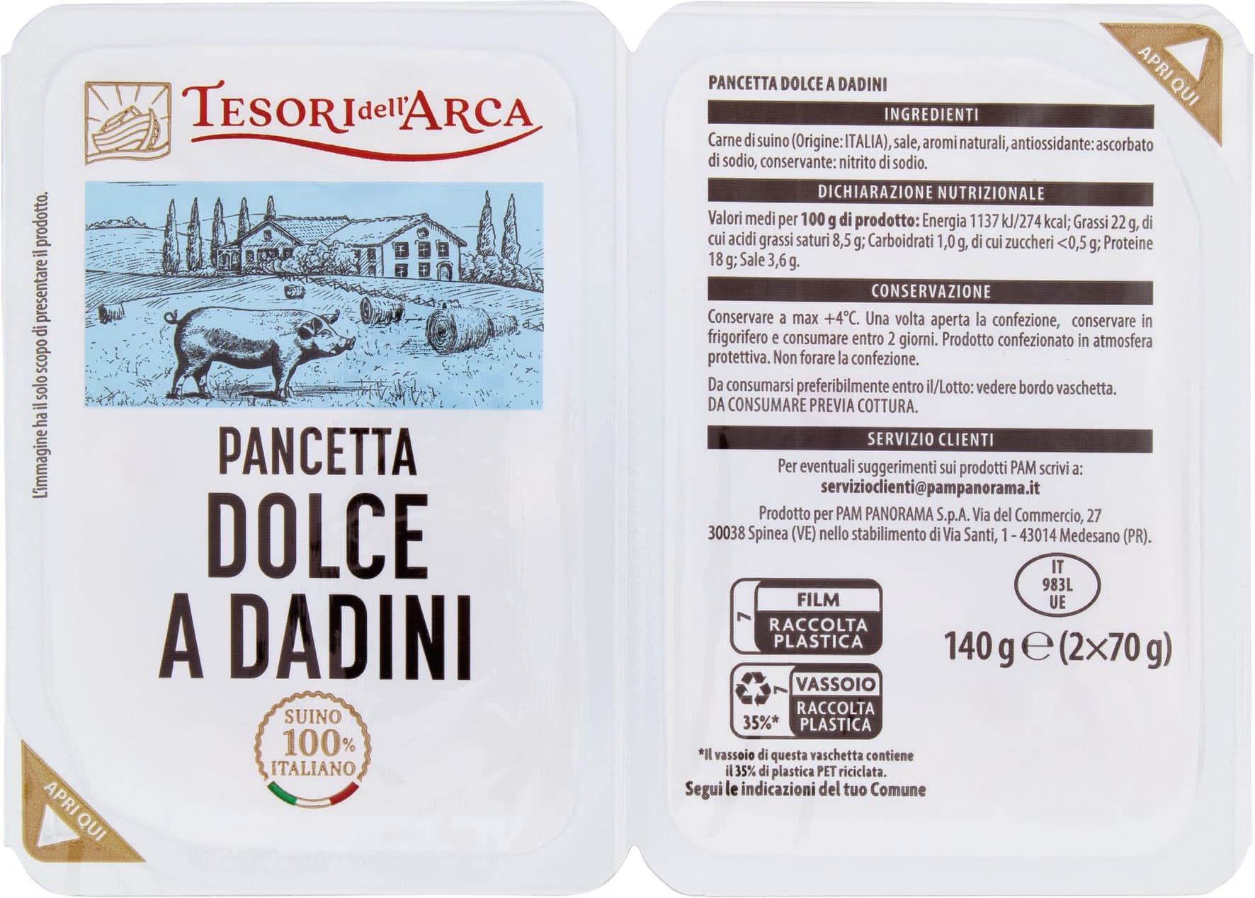 TESORI DELL'ARCA Pancetta Dolce a Dadini 2 x 70 g – immagine 2