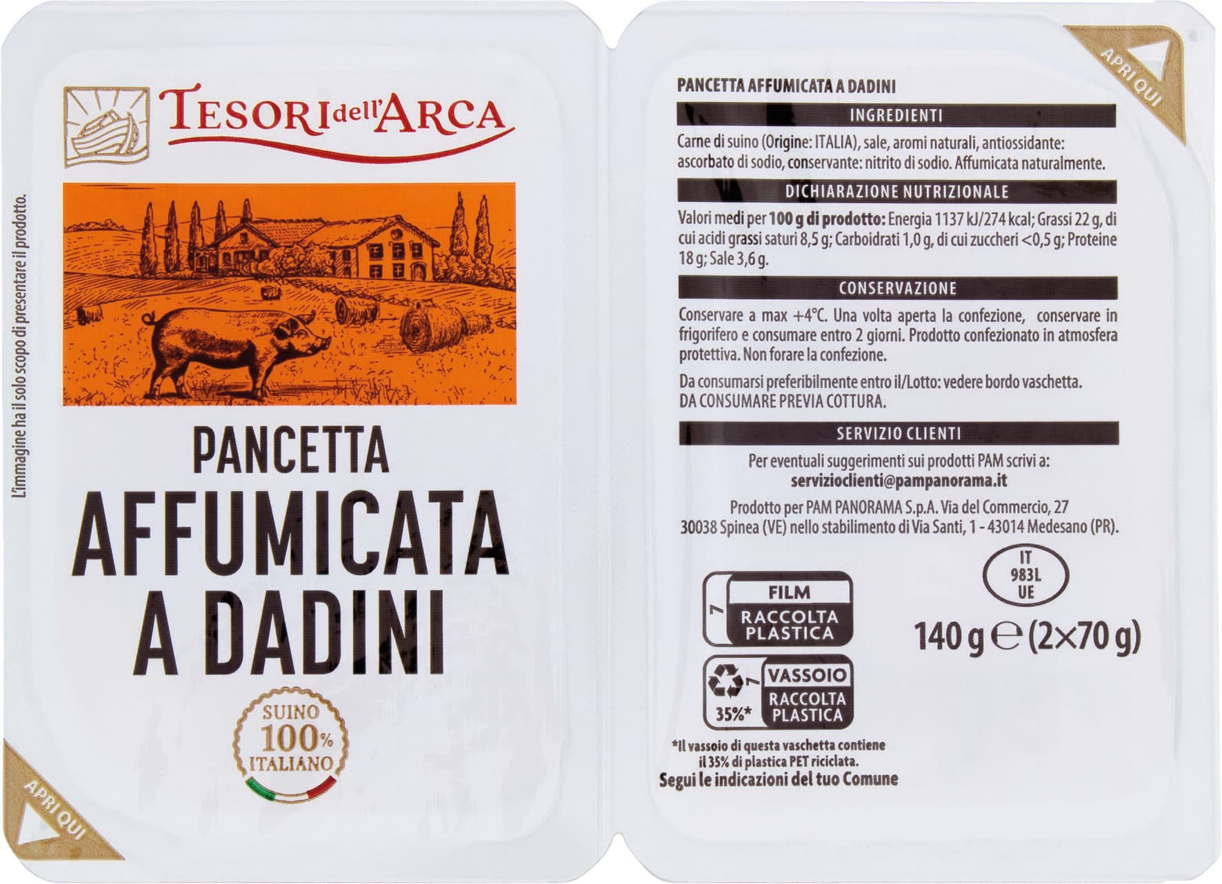 TESORI DELL'ARCA Pancetta Affumicata a Dadini 2 x 70 g – immagine 2