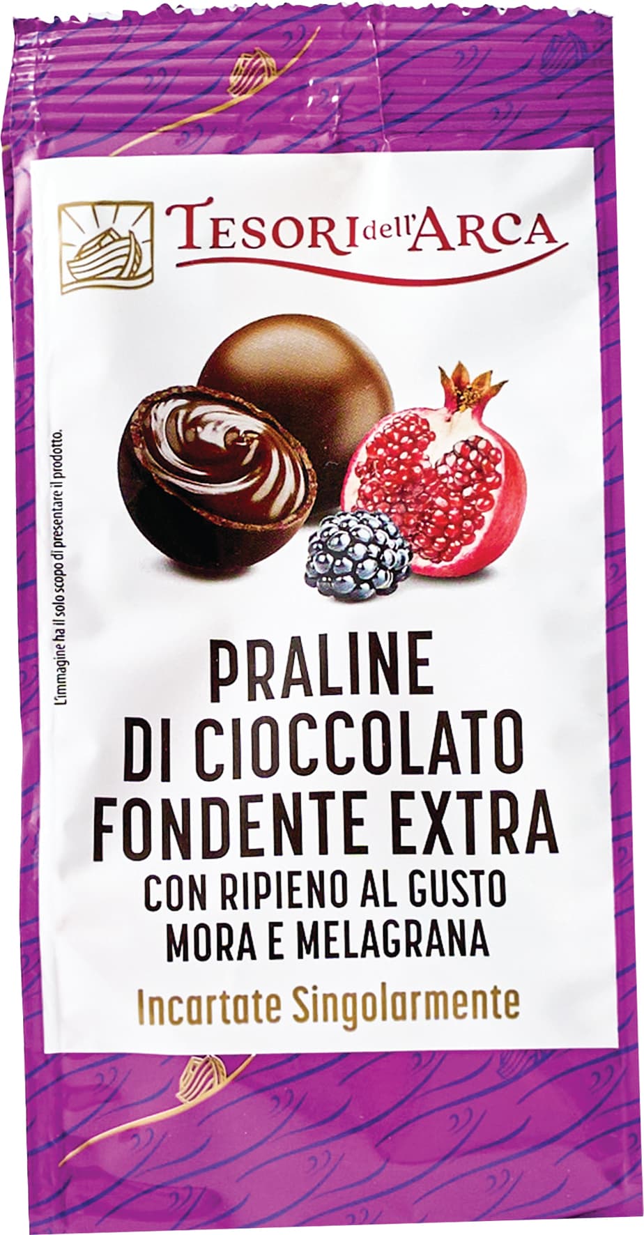 TESORI DELL'ARCA Praline di Cioccolato Fondente Extra con Ripieno al Gusto Mora e Melagrana 90 g – immagine 2