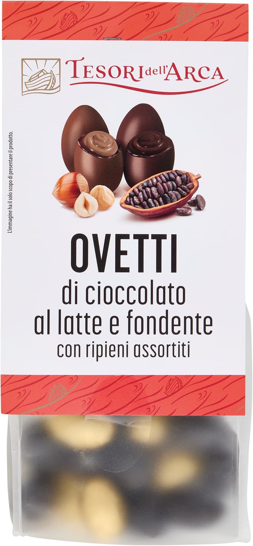 TESORI DELL'ARCA Ovetti di cioccolato al latte e fondente con ripieni assortiti 180 g Praline di cioccolato al latte con ripieno alla nocciola Praline di cioccolato fondente con ripieno al cacao e granella di fave di cacao – immagine 2