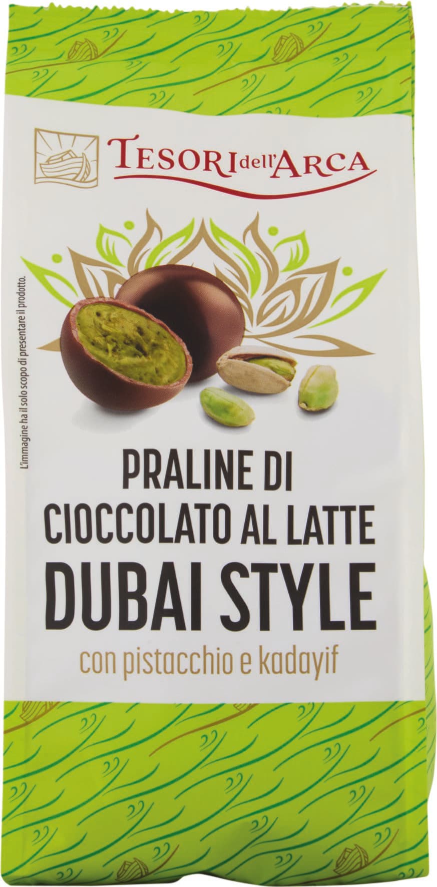 TESORI DELL'ARCA Praline di Cioccolato al Latte Dubai Style con pistacchio e cadyif 150 g – immagine 2