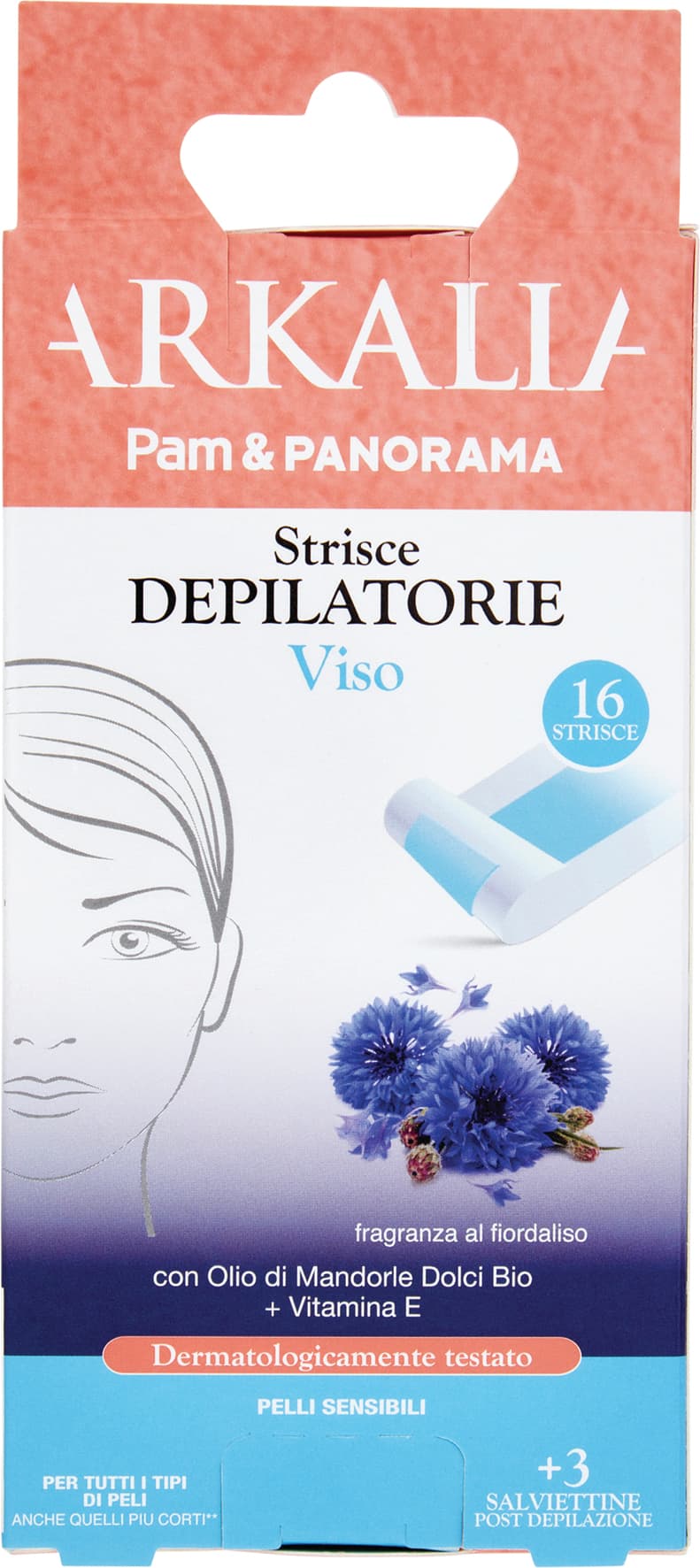 ARKALIA Strisce Depilatorie Viso Pelli Sensibili 16 Strisce + 3 Salviettine Post Depilazione – immagine 2