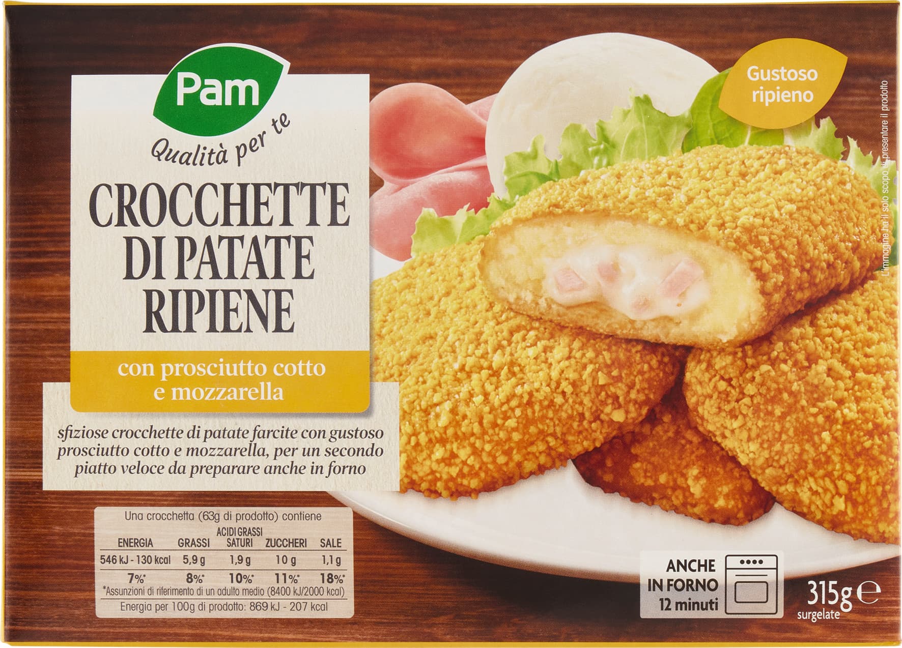 PAM PANORAMA Crocchette di Patate Ripiene con mozzarella e prosciutto cotto surgelate 315g (63g x 5) – immagine 2