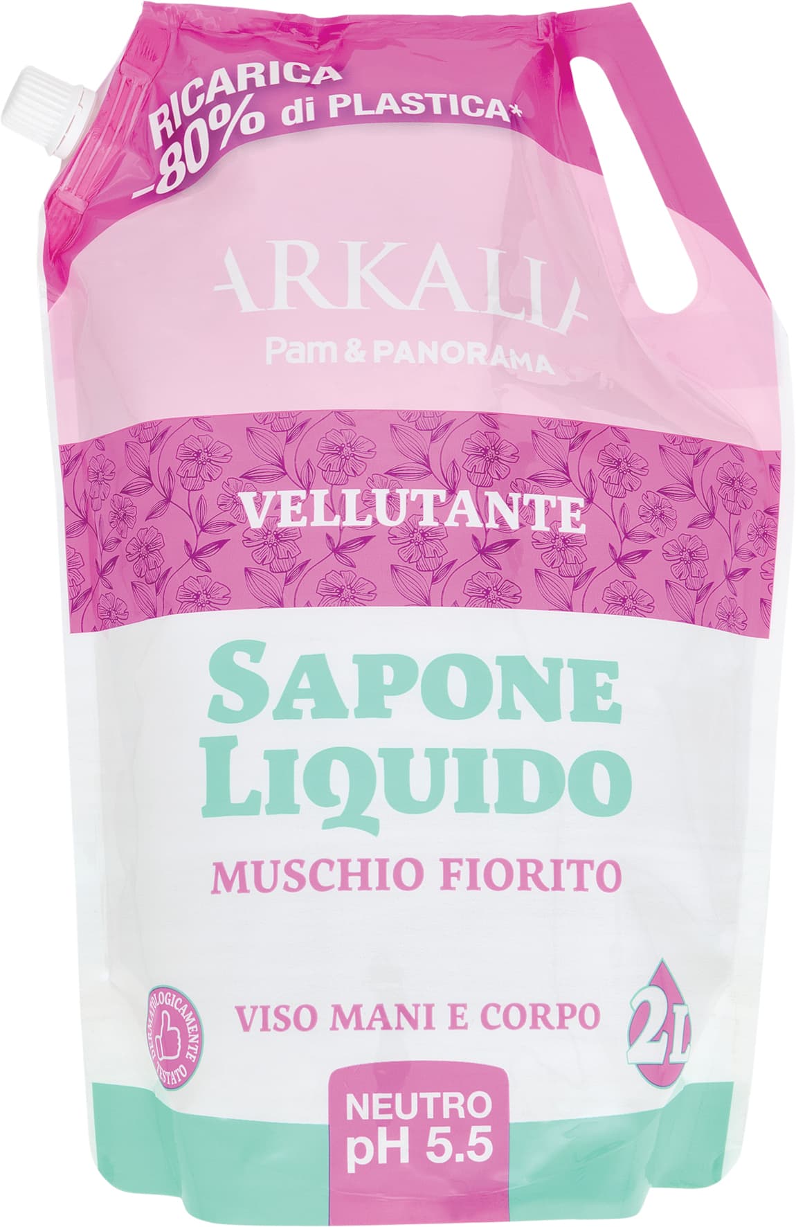 ARKALIA Sapone Liquido Muschio Fiorito Viso Mani e Corpo Ricarica 2 L – immagine 2