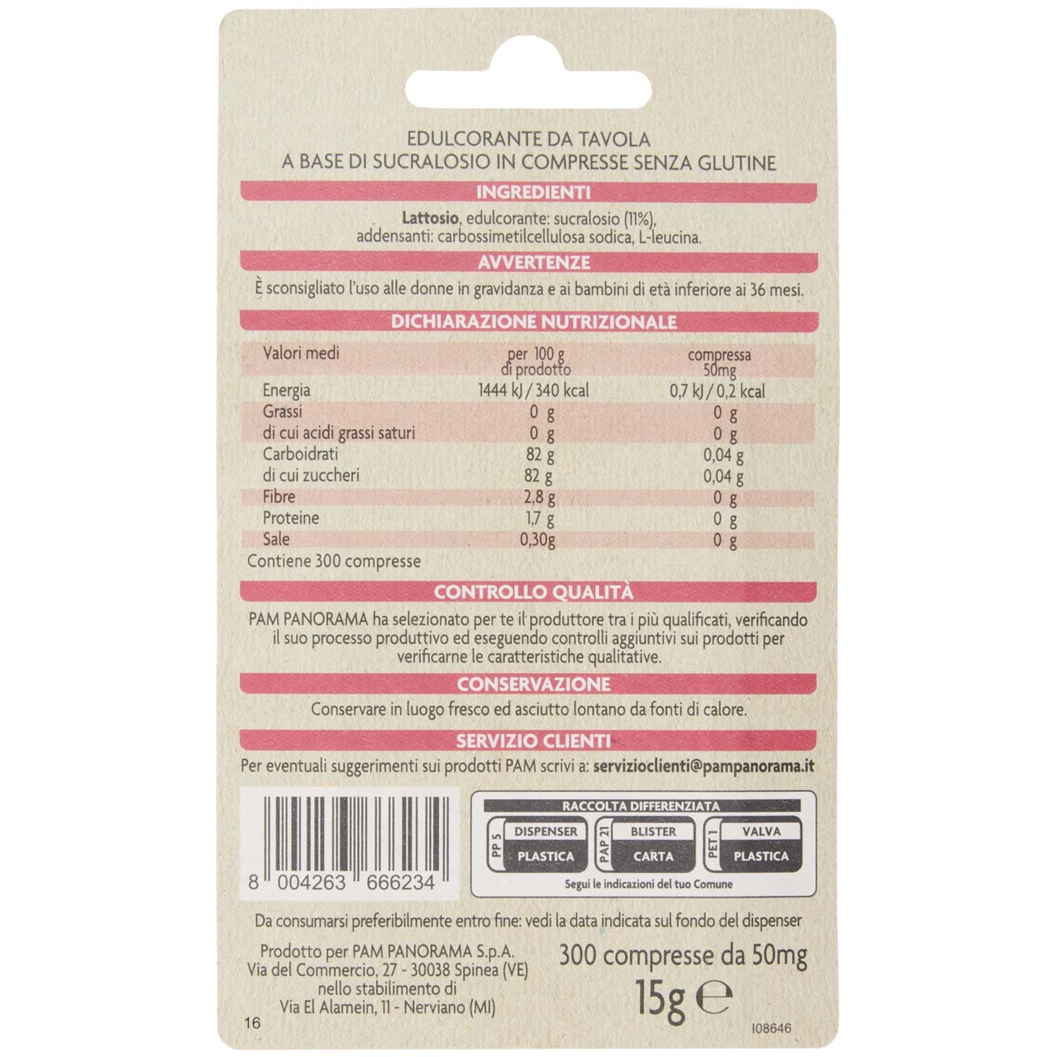 PAM PANORAMA Dolcificante in compresse ipocalorico 15g (50mg x 300) – immagine 5