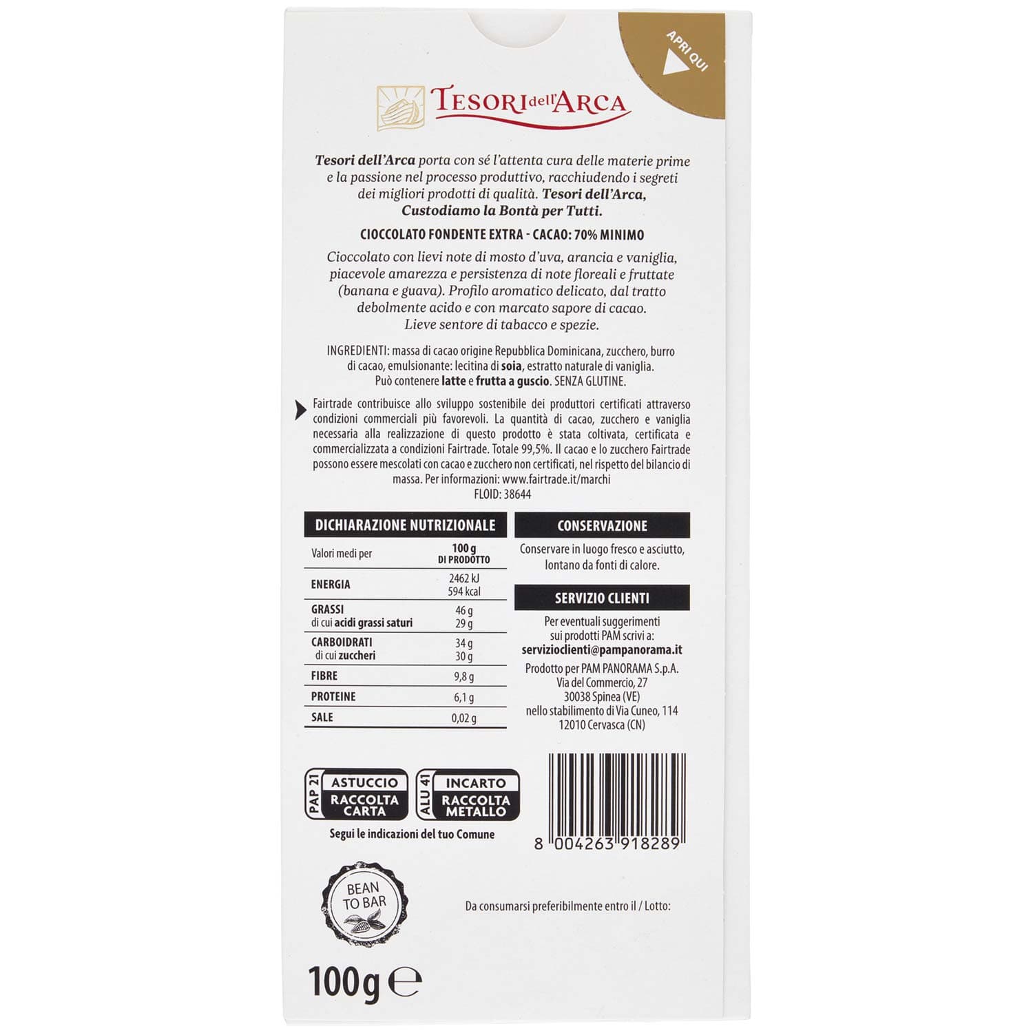 TESORI DELL'ARCA Cioccolato Fondente Extra 70% Cacao 100 g – immagine 5