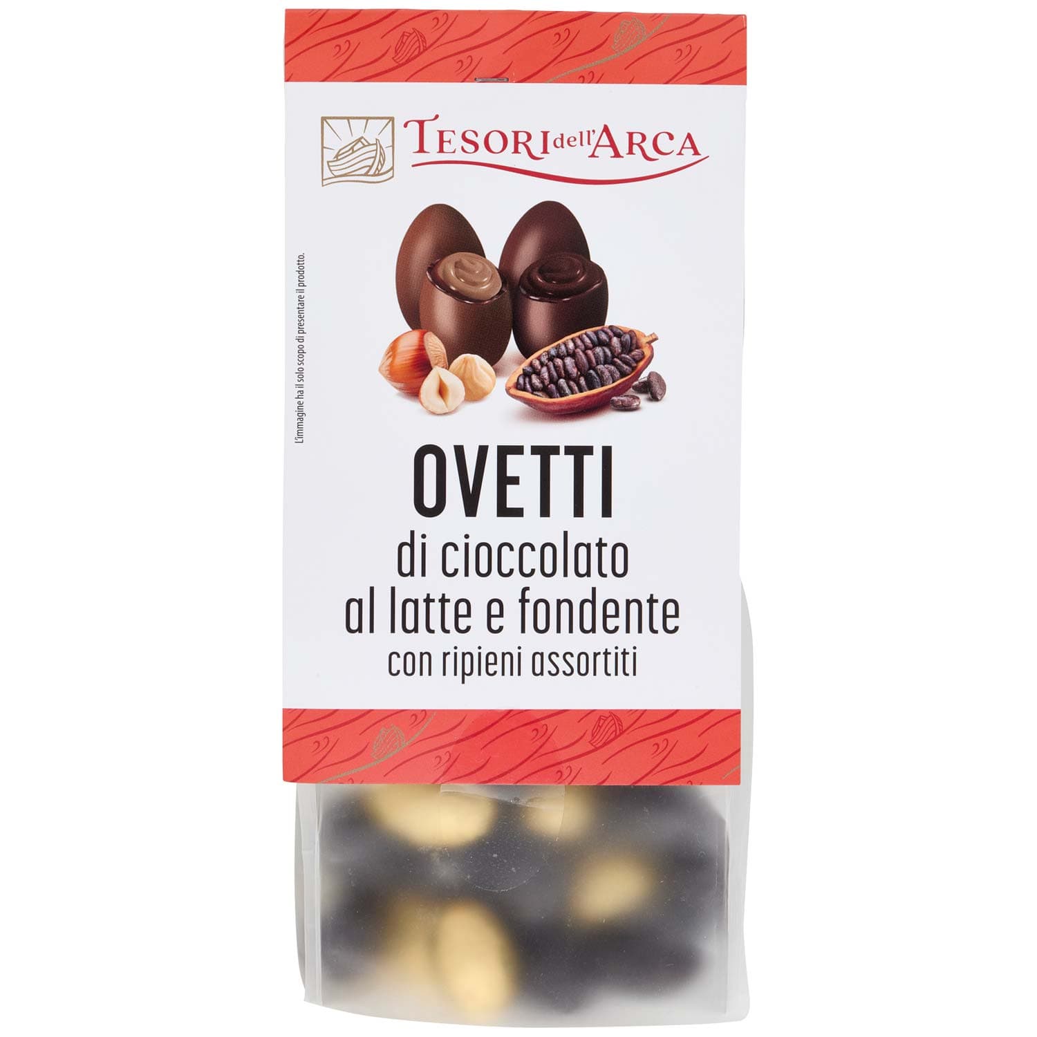 TESORI DELL'ARCA Ovetti di cioccolato al latte e fondente con ripieni assortiti 180 g Praline di cioccolato al latte con ripieno alla nocciola Praline di cioccolato fondente con ripieno al cacao e granella di fave di cacao – immagine 3
