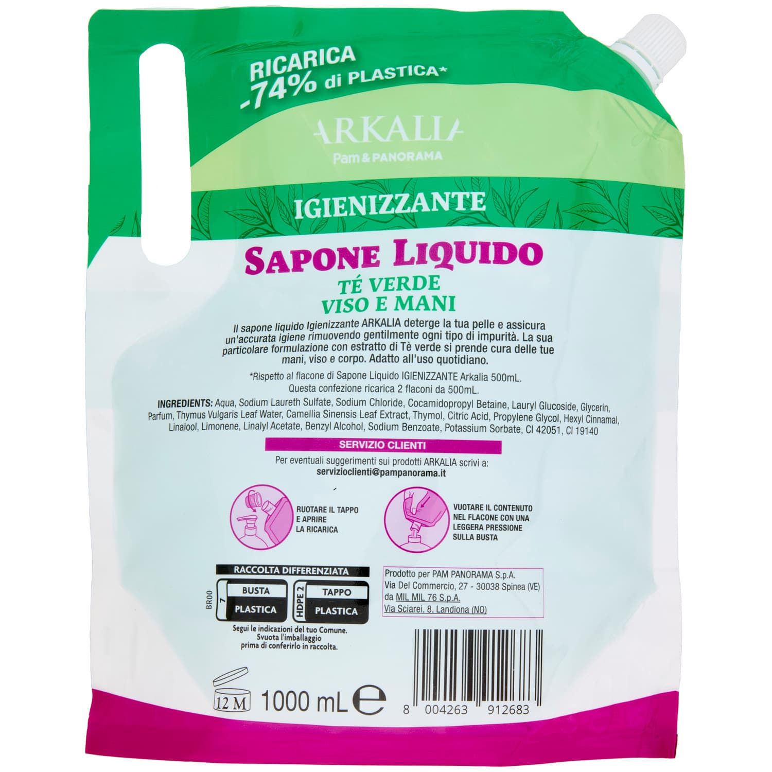 ARKALIA Sapone Liquido Igienizzante Tè Verde Viso e Mani Ricarica 1 L – immagine 5