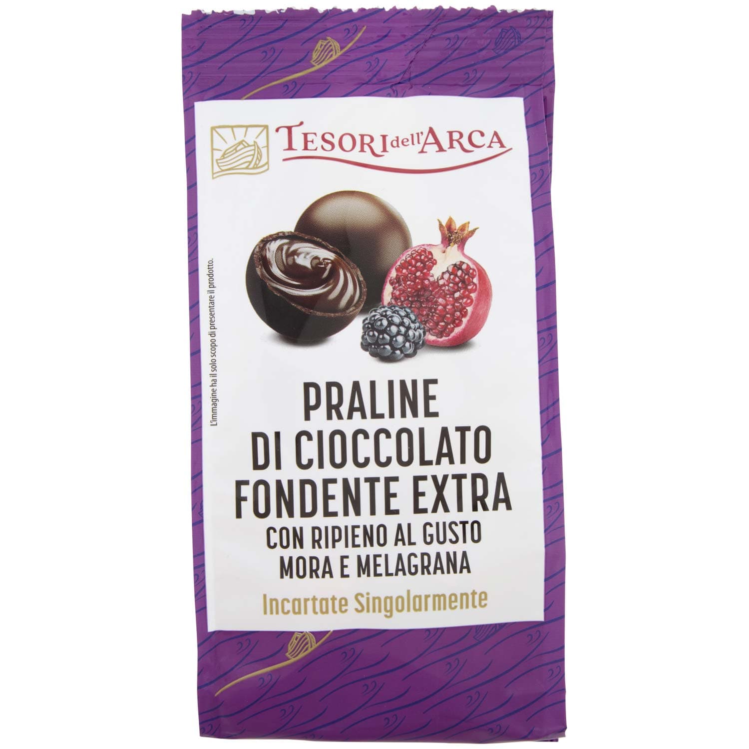 TESORI DELL'ARCA Praline di Cioccolato Fondente Extra con Ripieno al Gusto Mora e Melagrana 90 g – immagine 3