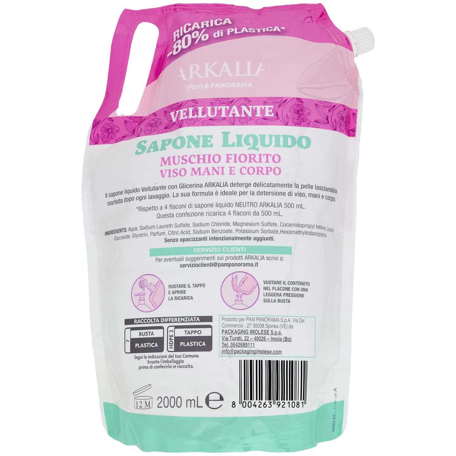 ARKALIA Sapone Liquido Muschio Fiorito Viso Mani e Corpo Ricarica 2 L – immagine 5