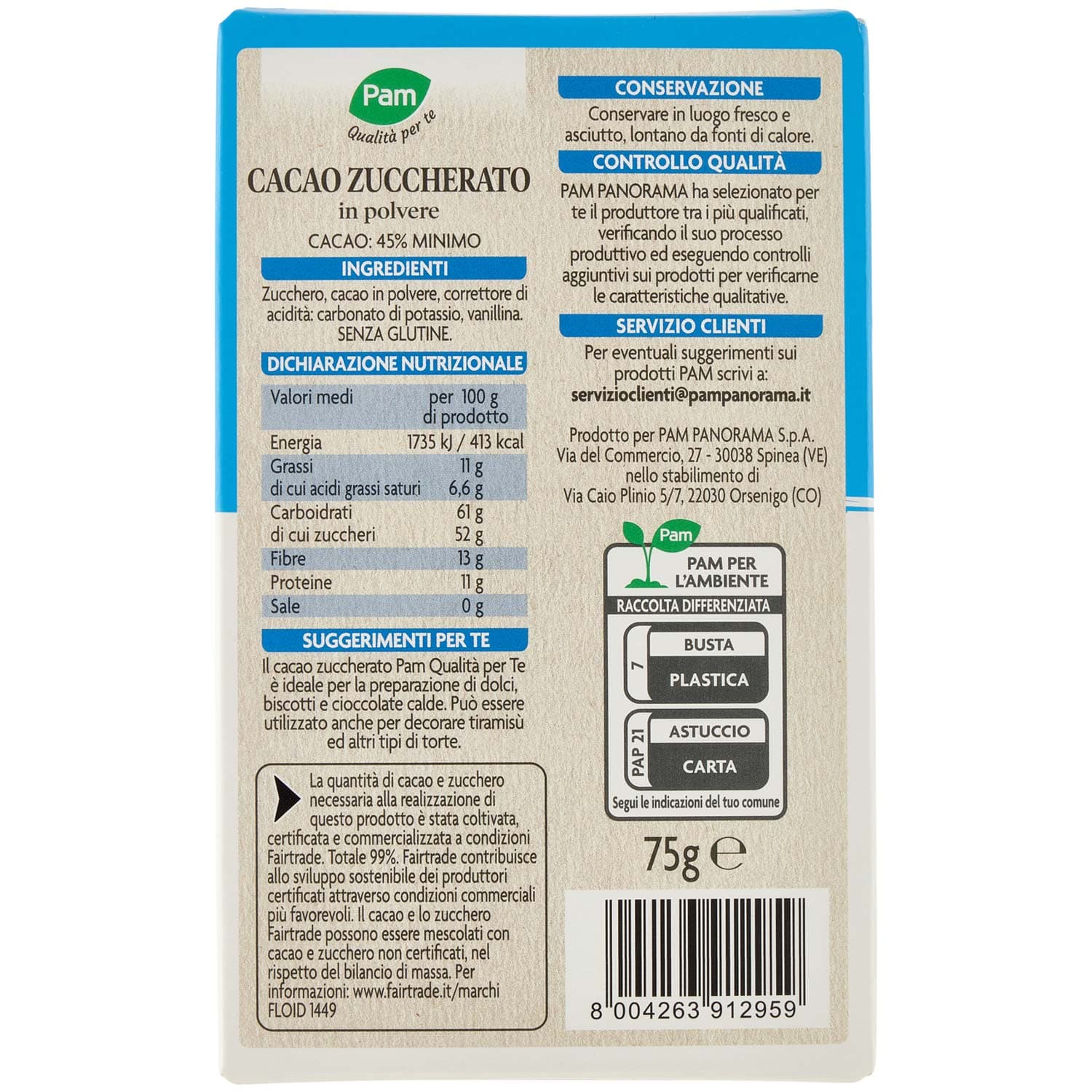PAM Qualità per te Cacao Zuccherato in polvere 75 g – immagine 5