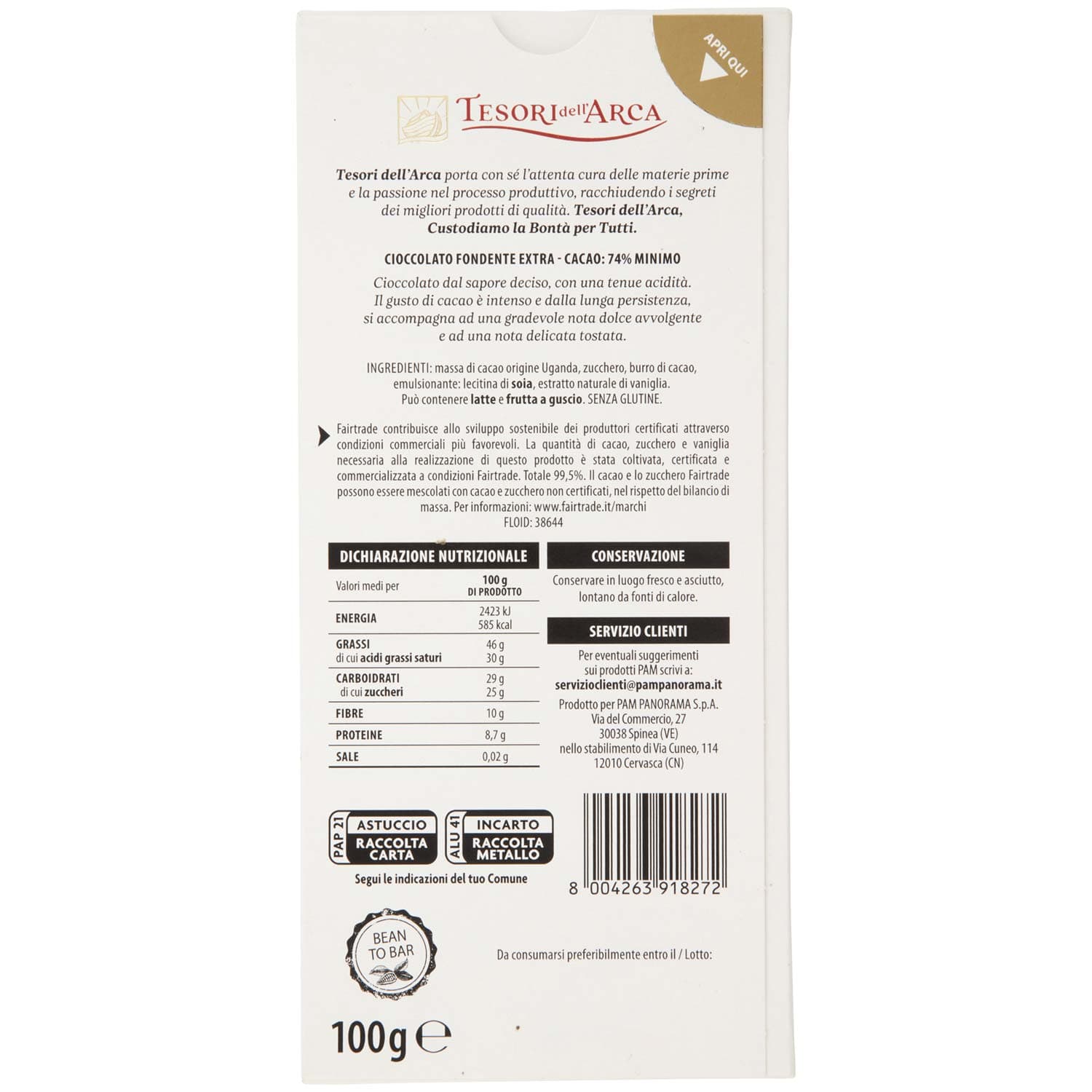 TESORI DELL'ARCA Cioccolato Fondente Extra 74% Cacao 100 g – immagine 5