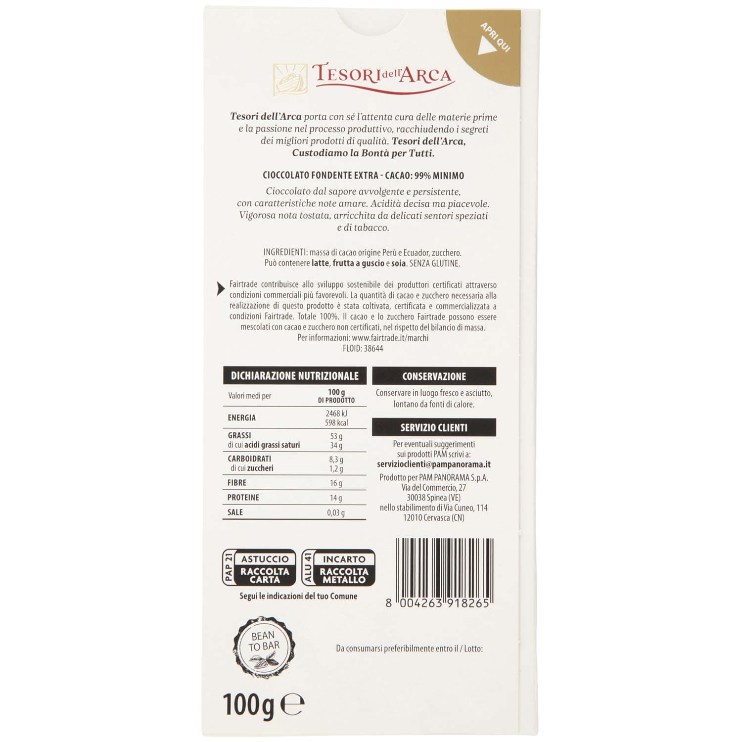 TESORI DELL'ARCA Cioccolato Fondente Extra 99% Cacao Nobile 100 g – immagine 5