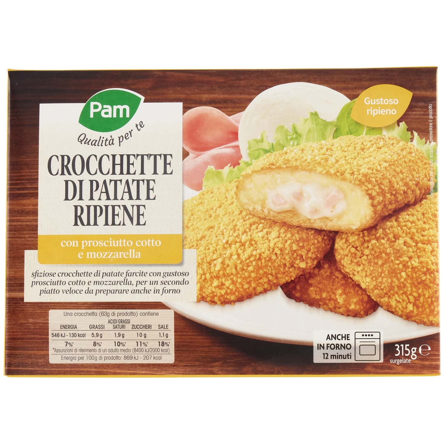 PAM PANORAMA Crocchette di Patate Ripiene con mozzarella e prosciutto cotto surgelate 315g (63g x 5) – immagine 3