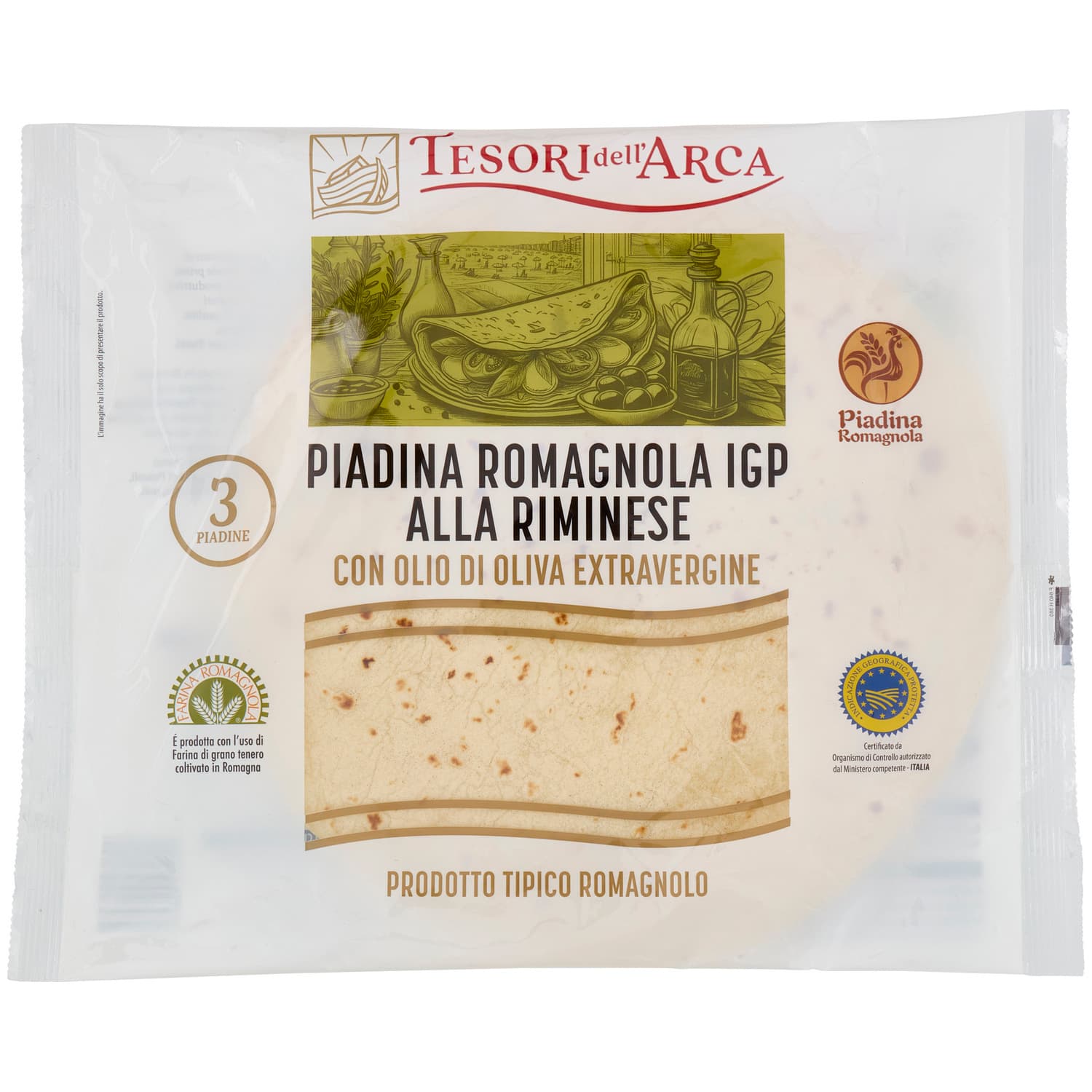 TESORI DELL'ARCA Piadina Romagnola IGP alla Riminese con Olio di Oliva Extravergine 3 x 120 g – immagine 3