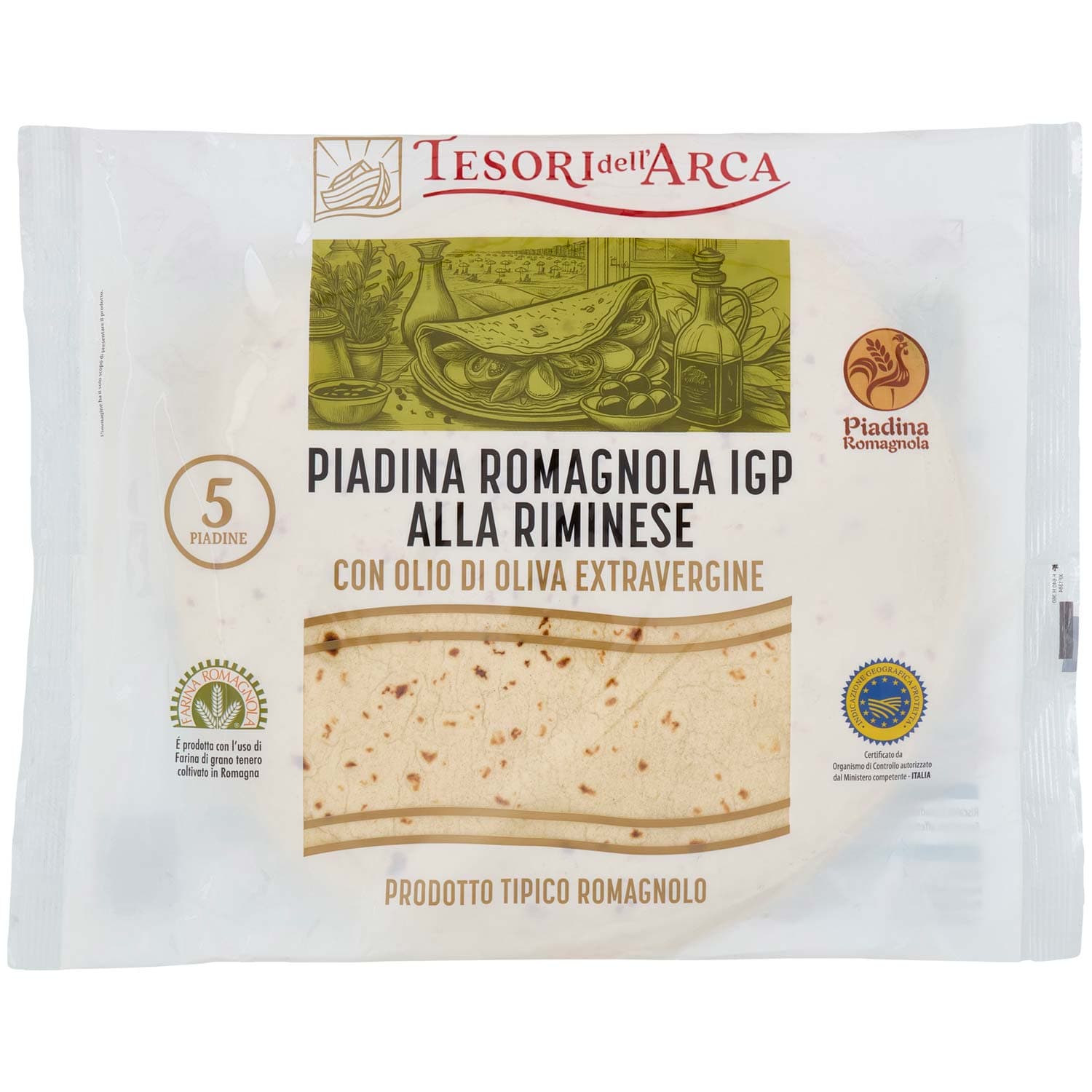 TESORI DELL'ARCA Piadina Romagnola IGP alla Riminese con Olio di Oliva Extravergine 5 x 120 g – immagine 3