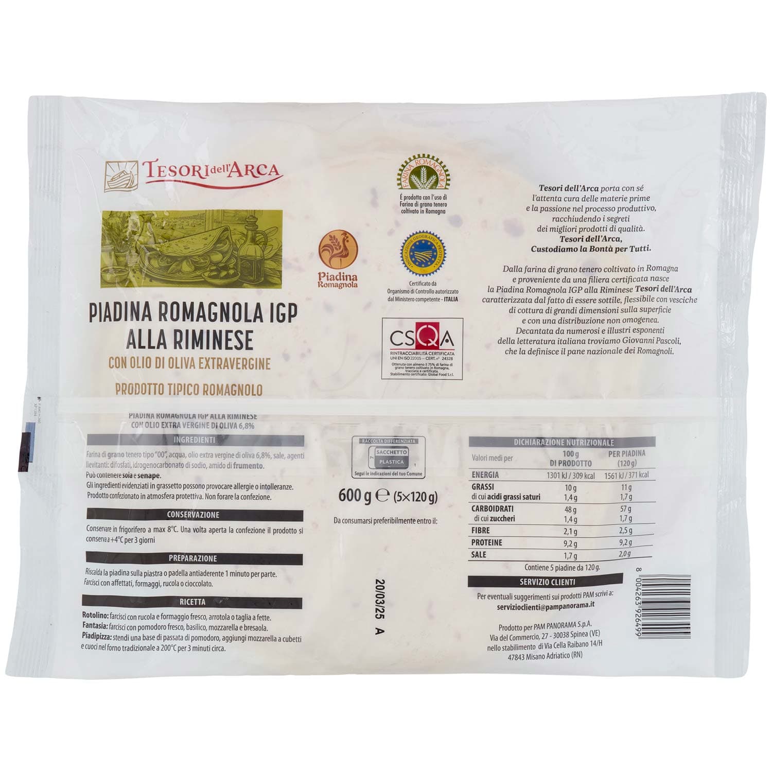 TESORI DELL'ARCA Piadina Romagnola IGP alla Riminese con Olio di Oliva Extravergine 5 x 120 g – immagine 5