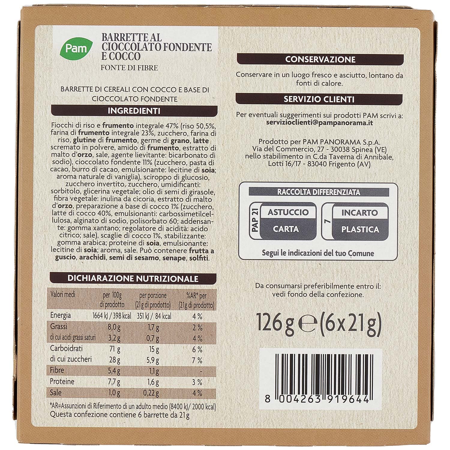 PAM Barrette al Cioccolato Fondente e Cocco 6 x 21 g – immagine 5