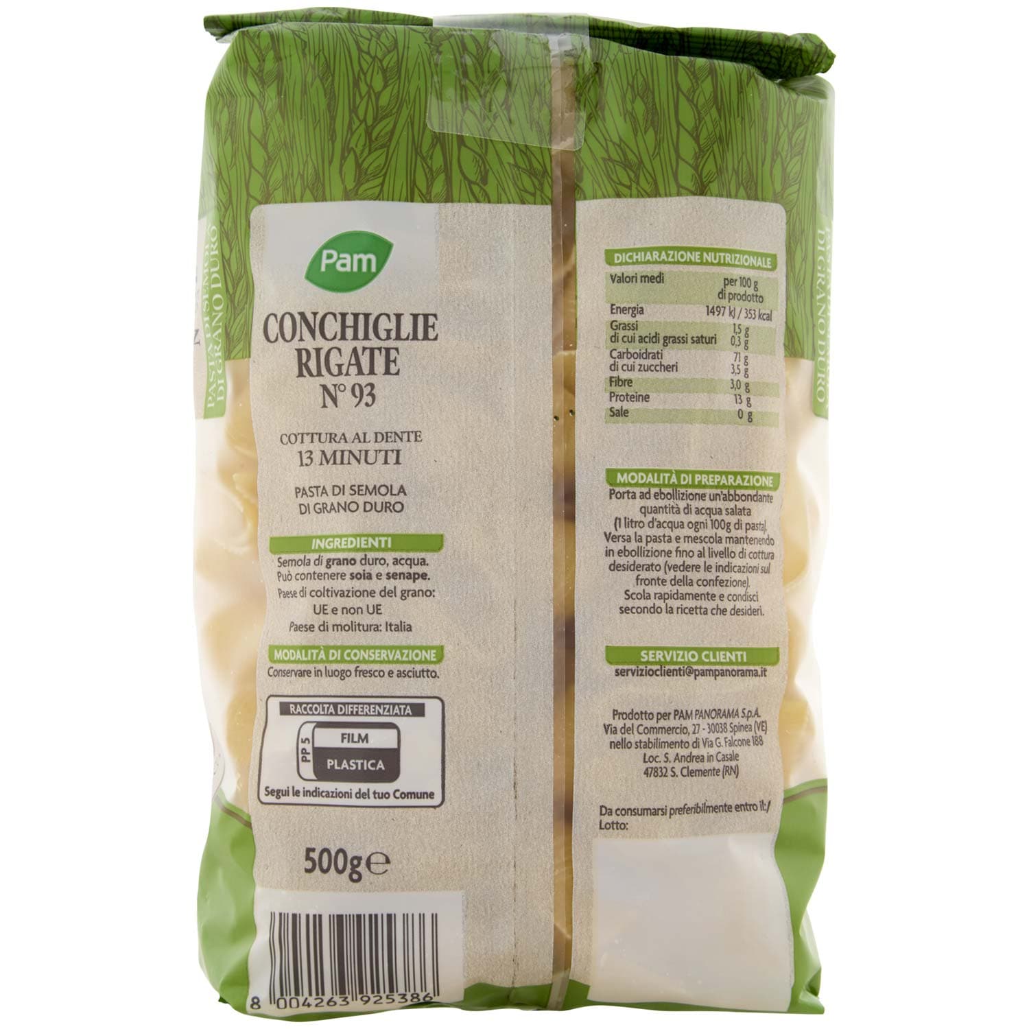 PAM Conchiglie Rigate N° 93 Pasta di Semola di Grano Duro 500 g – immagine 5