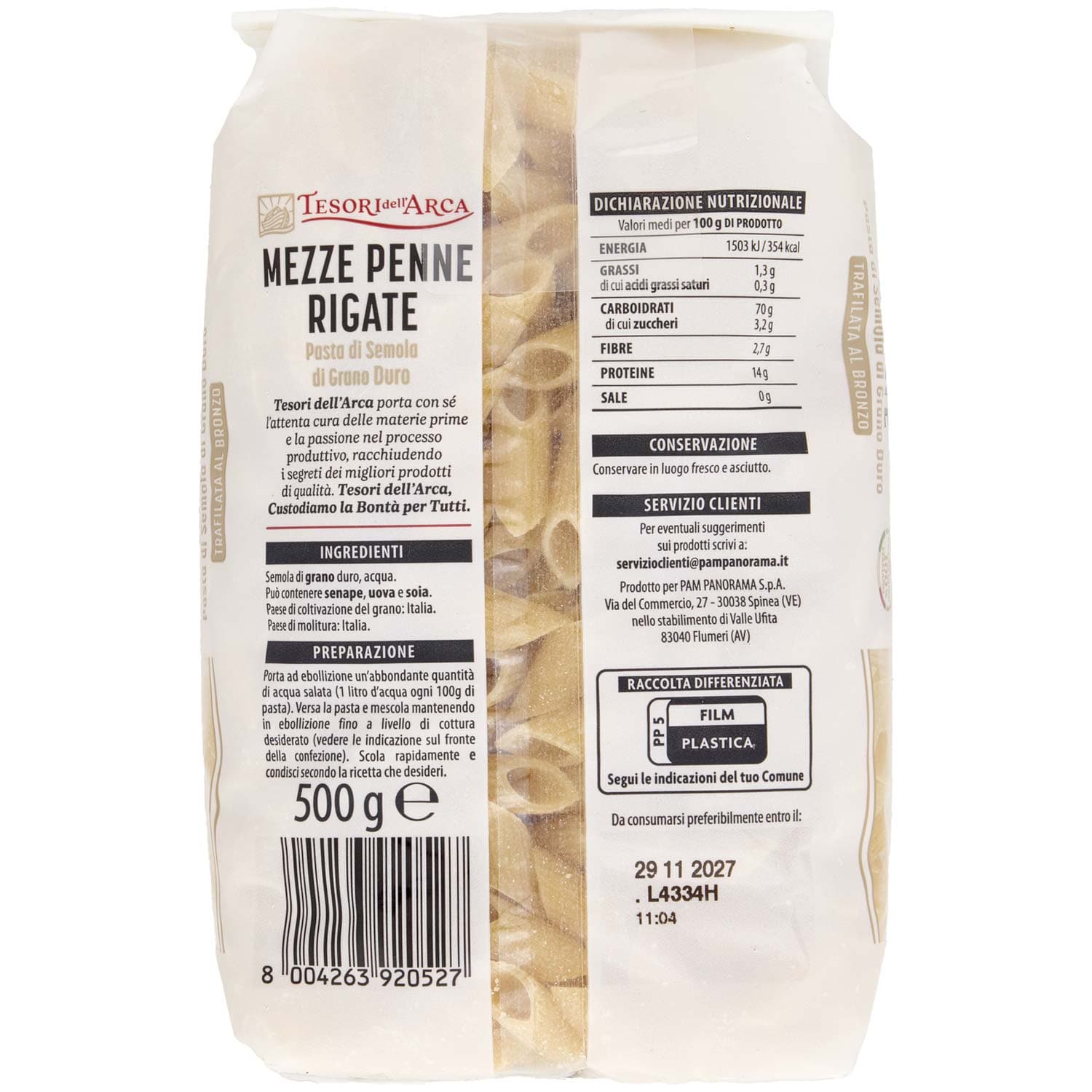 TESORI DELL'ARCA Pasta di Semola di Grano Duro Mezze Penne Rigate 500 g – immagine 5