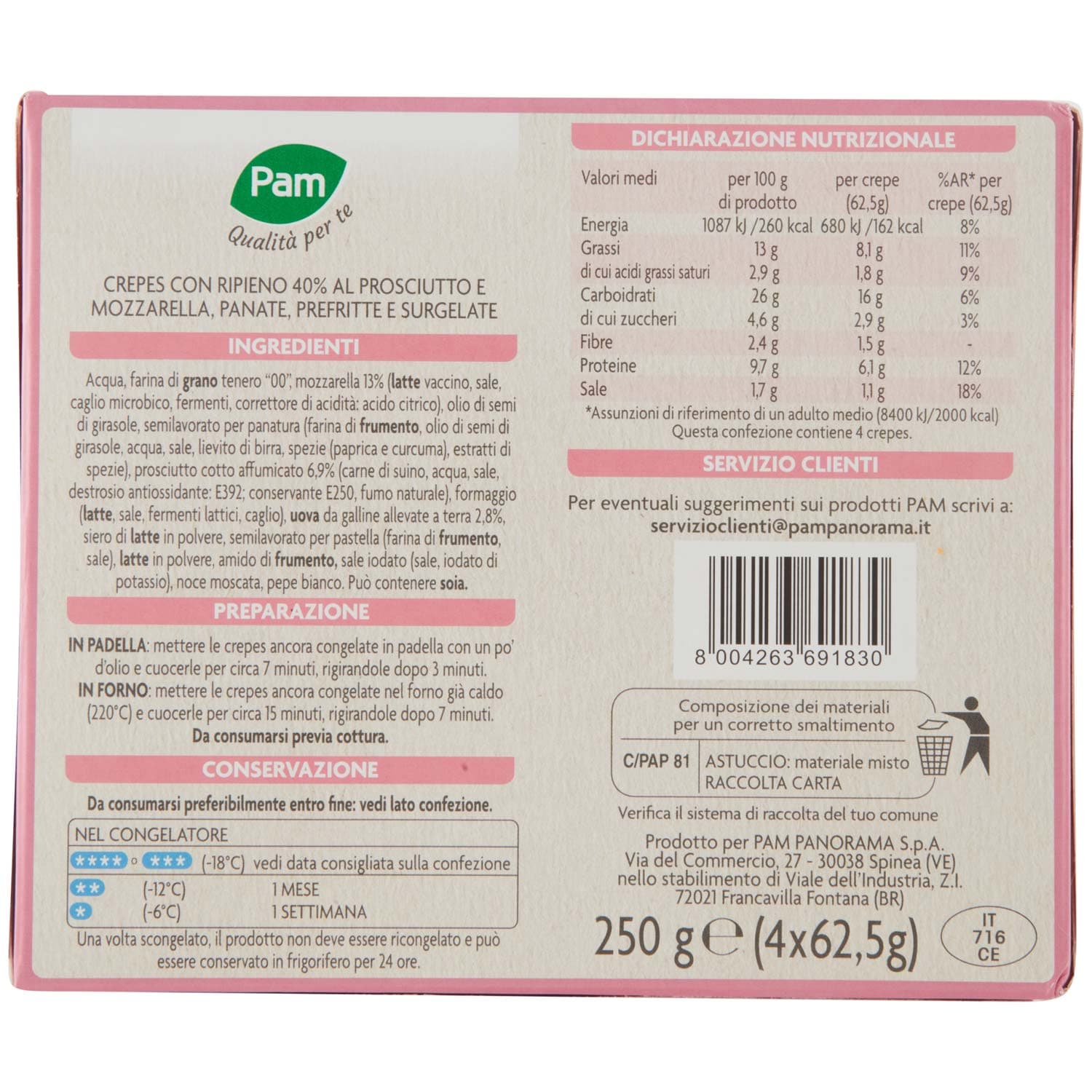 PAM Qualità per te Prosciutto Cotto e Mozzarella 4 crepes surgelate 4 x 62,5 g – immagine 5